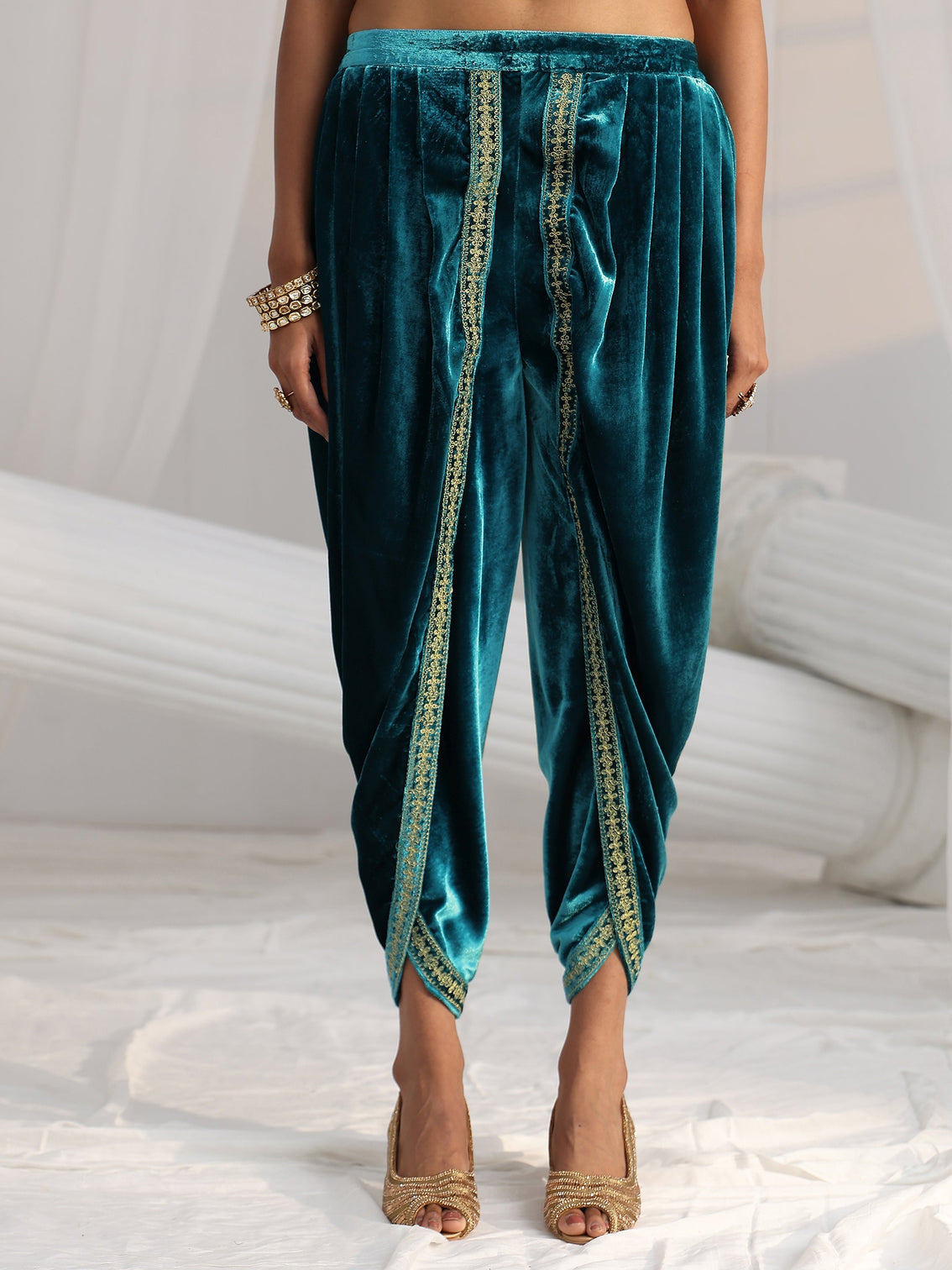 Mameraa Turquoise Blue Embroidered Velvet Co-Ord Set