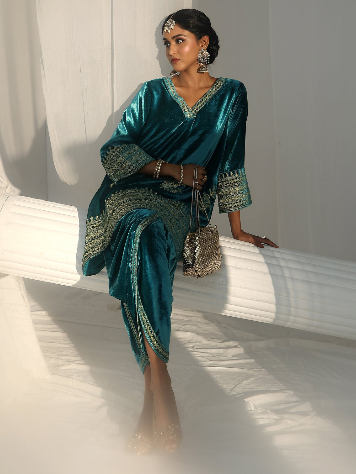 Mameraa Turquoise Blue Embroidered Velvet Co-Ord Set