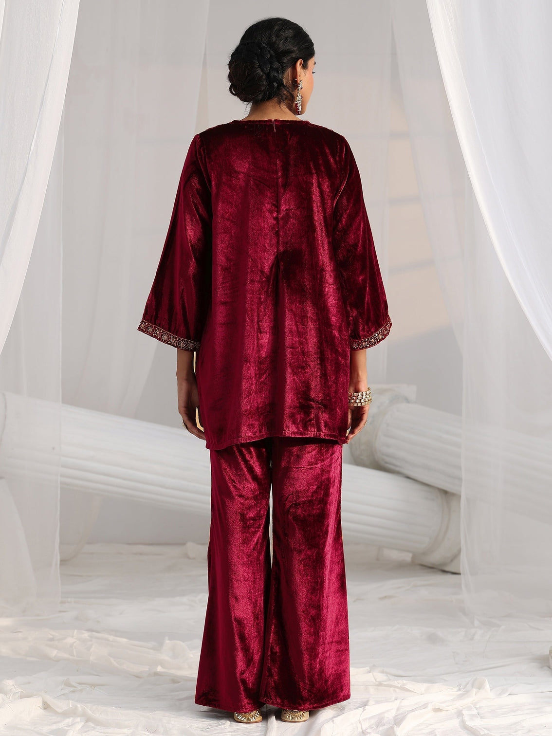 Mameraa Crimson Red Emellished Velvet Co-Ord Set
