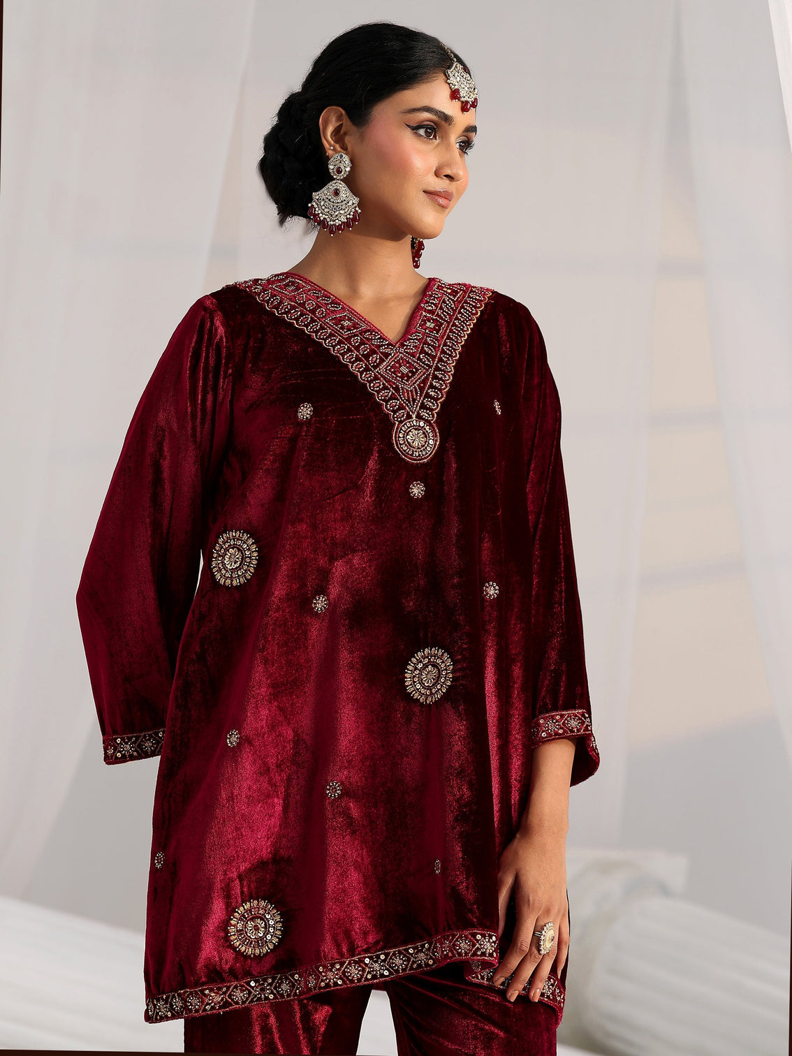 Mameraa Crimson Red Emellished Velvet Co-Ord Set