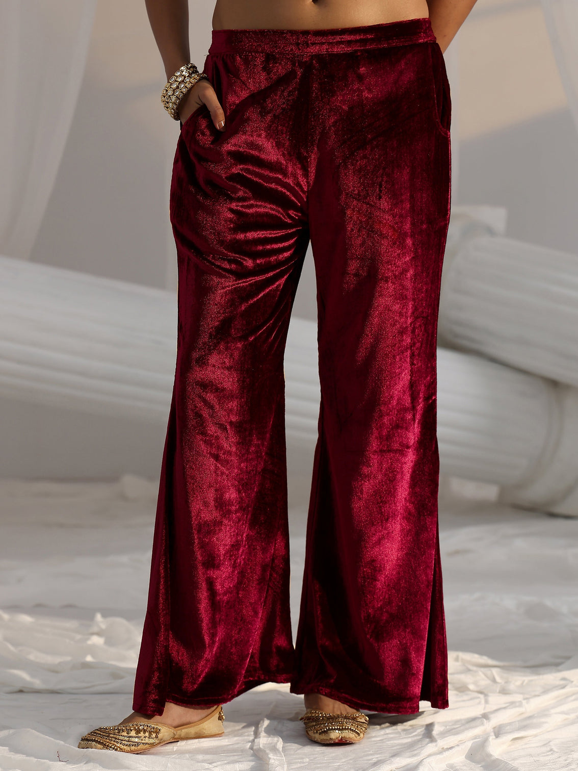 Mameraa Crimson Red Emellished Velvet Co-Ord Set