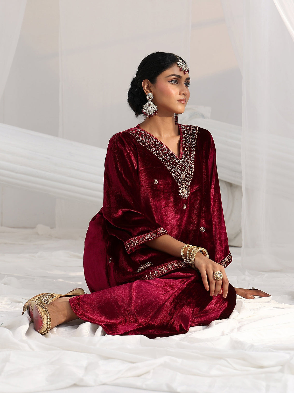 Mameraa Crimson Red Emellished Velvet Co-Ord Set