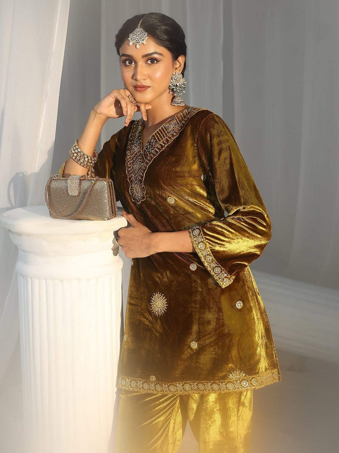 Mameraa Mustard Emellished Velvet Co-Ord Set