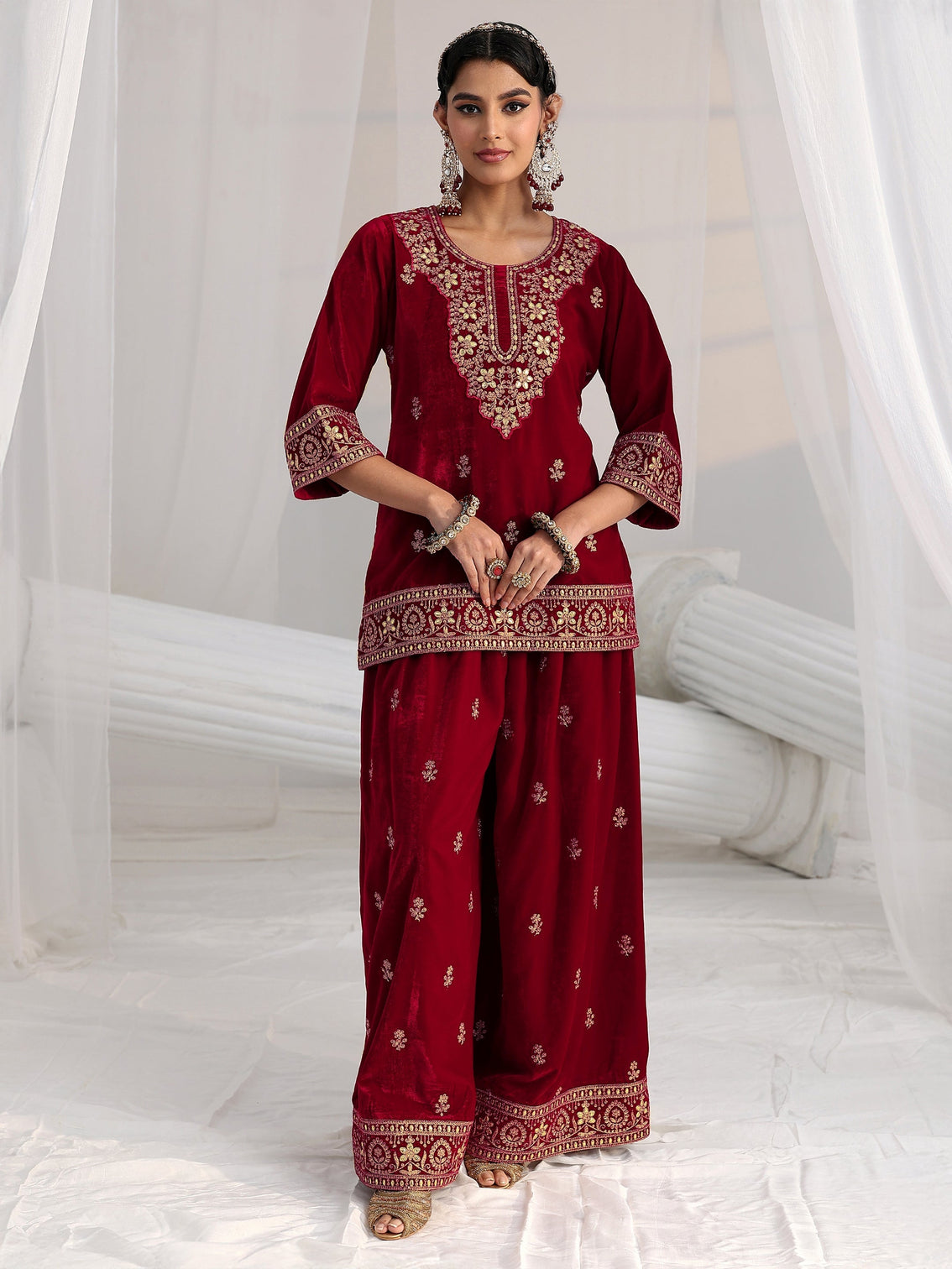 Mameraa Crimson Red Floral Embroidered Velvet Co-Ord Set