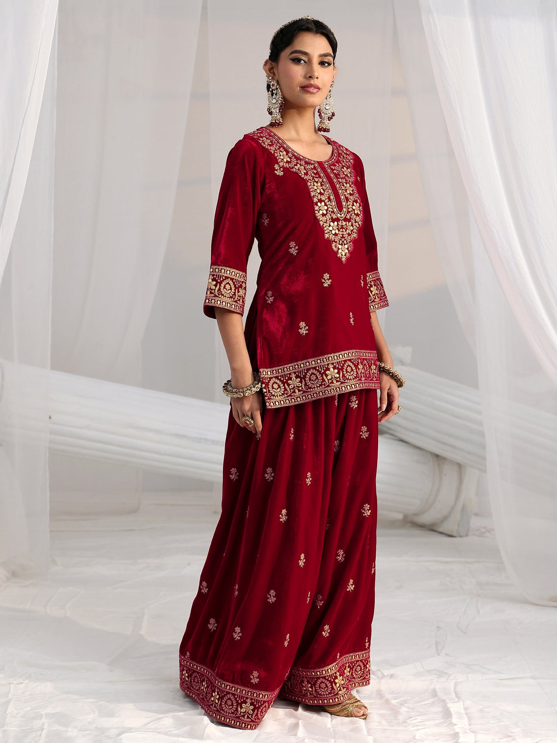 Mameraa Crimson Red Floral Embroidered Velvet Co-Ord Set