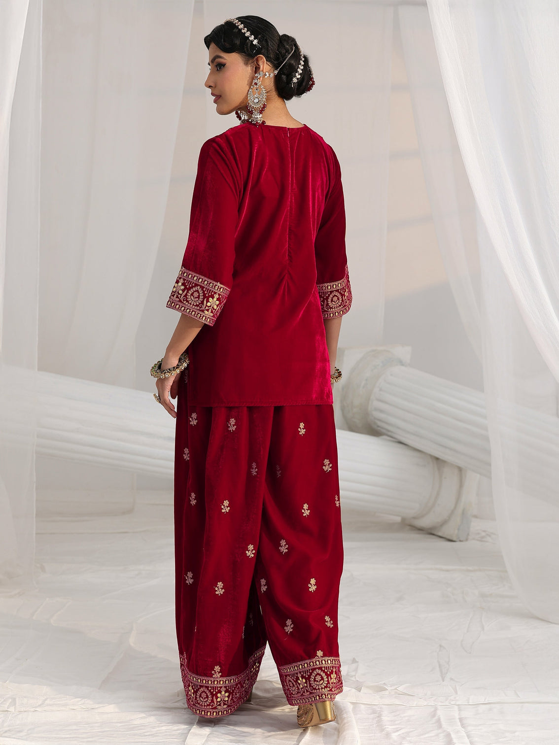 Mameraa Crimson Red Floral Embroidered Velvet Co-Ord Set
