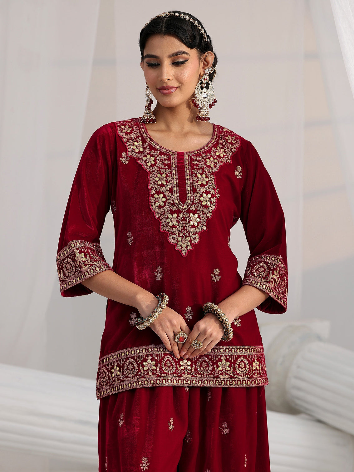 Mameraa Crimson Red Floral Embroidered Velvet Co-Ord Set