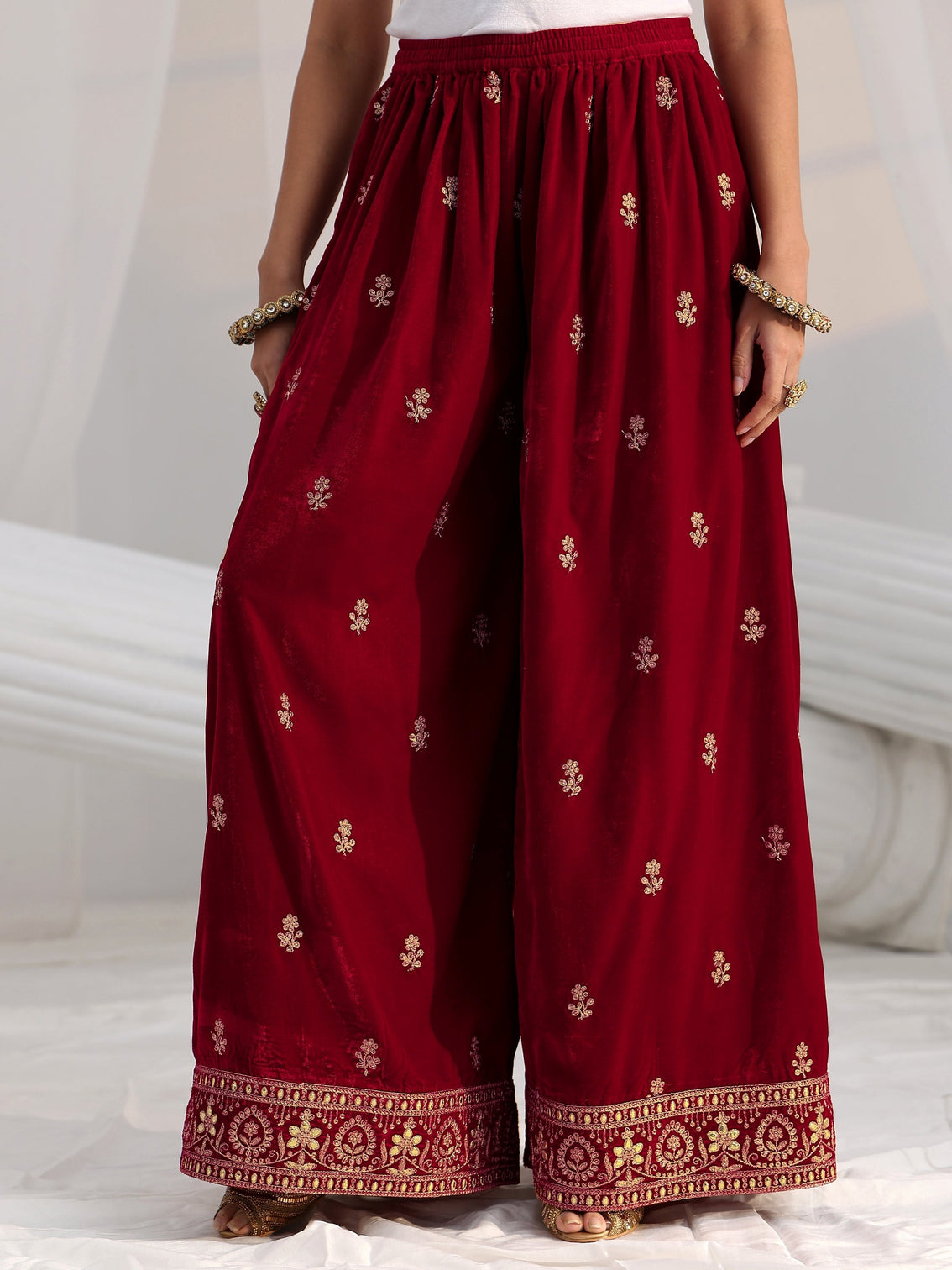 Mameraa Crimson Red Floral Embroidered Velvet Co-Ord Set