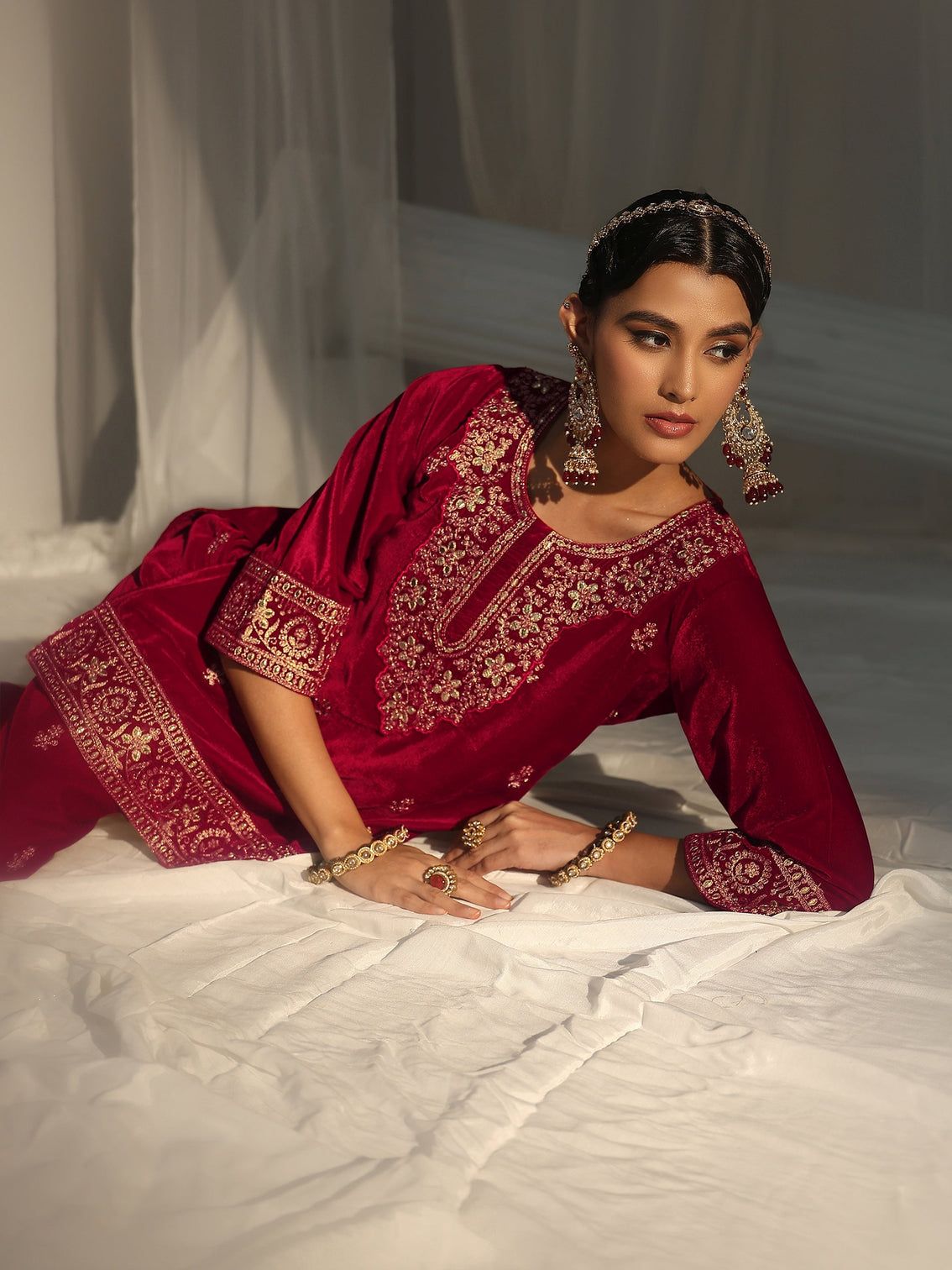 Mameraa Crimson Red Floral Embroidered Velvet Co-Ord Set