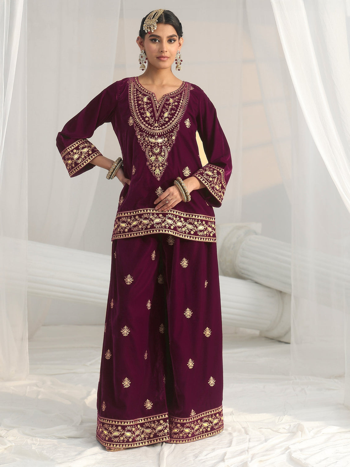 Mameraa Burgundy Yoke Embroidered Design Velvet Co-Ord Set