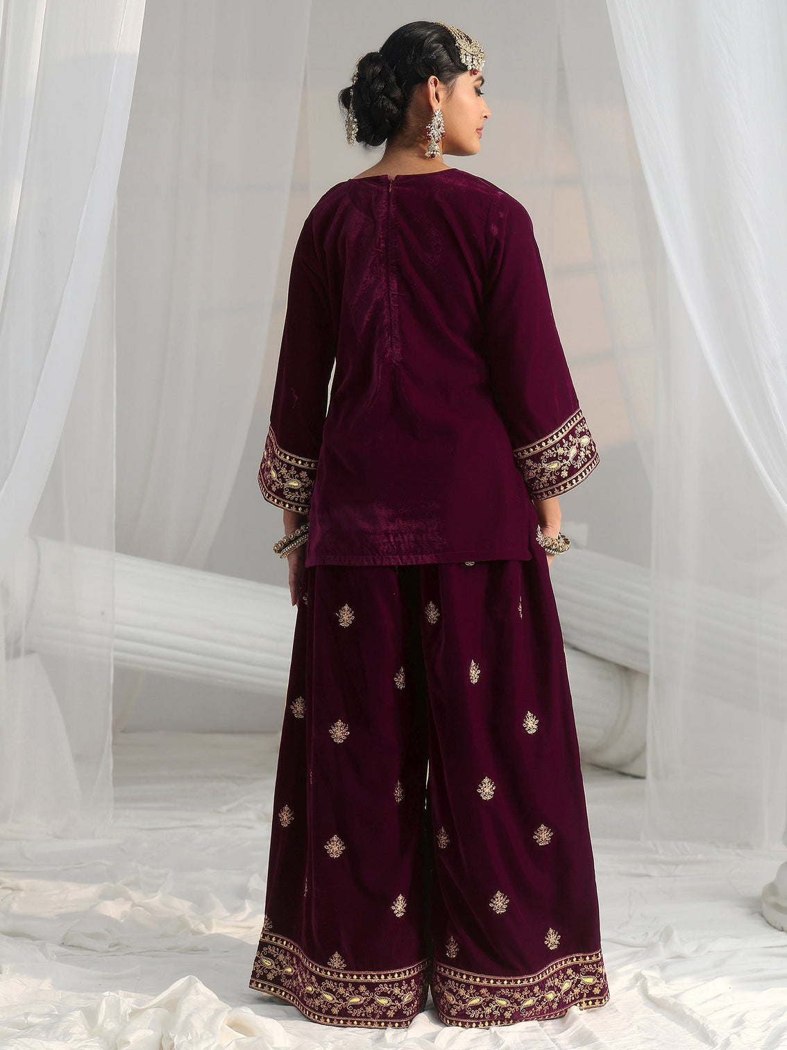 Mameraa Burgundy Yoke Embroidered Design Velvet Co-Ord Set