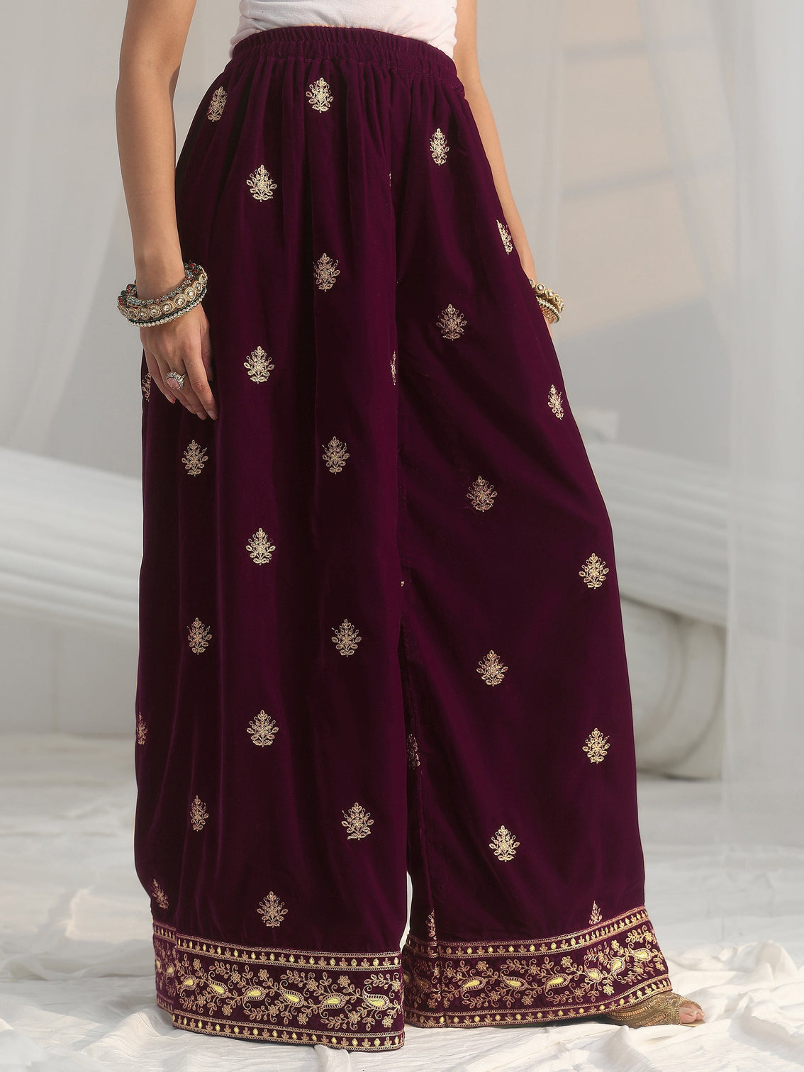 Mameraa Burgundy Yoke Embroidered Design Velvet Co-Ord Set