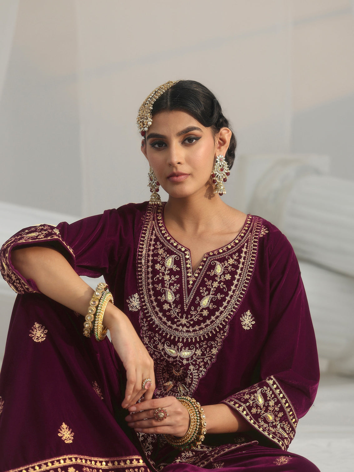 Mameraa Burgundy Yoke Embroidered Design Velvet Co-Ord Set