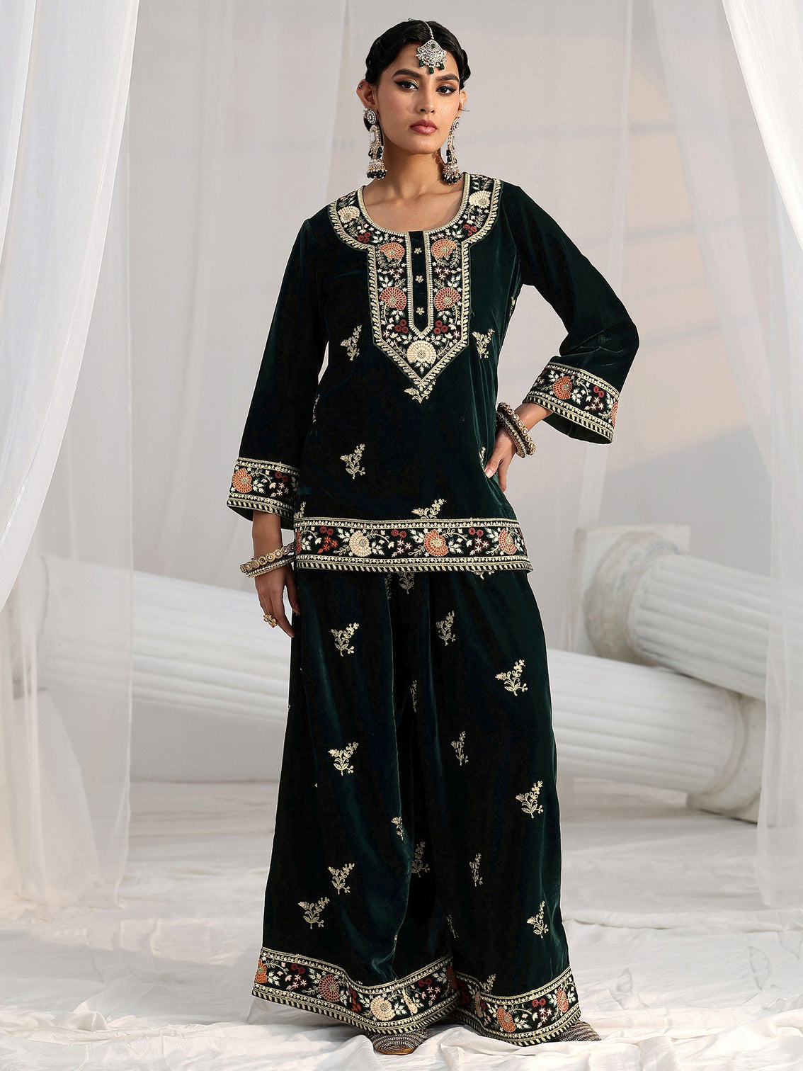 Mameraa Dark Teal Green Yoke Embroidered Design Velvet Co-Ord Set