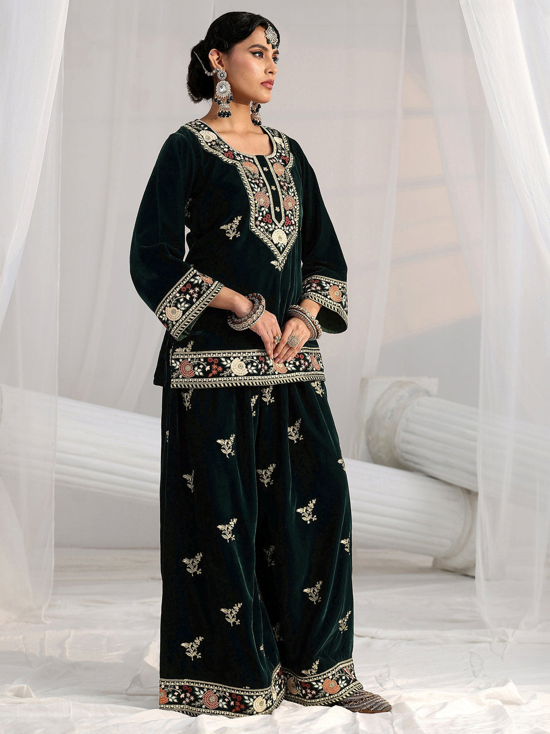 Mameraa Dark Teal Green Yoke Embroidered Design Velvet Co-Ord Set