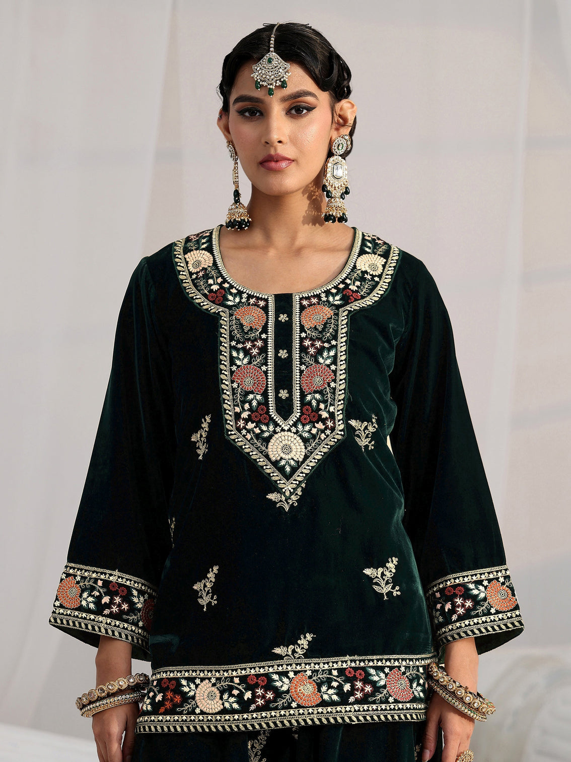 Mameraa Dark Teal Green Yoke Embroidered Design Velvet Co-Ord Set