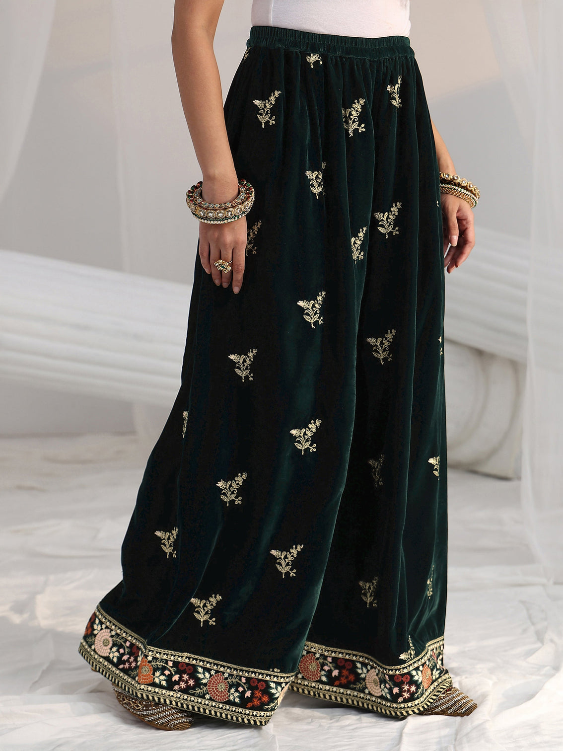Mameraa Dark Teal Green Yoke Embroidered Design Velvet Co-Ord Set