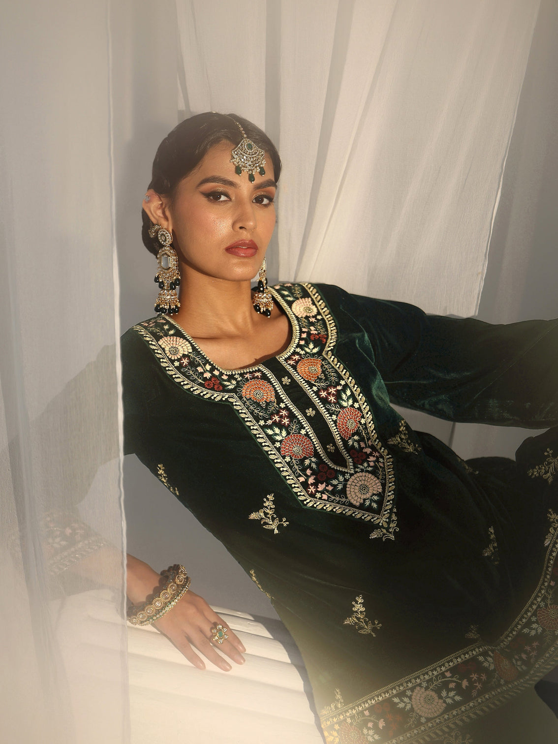 Mameraa Dark Teal Green Yoke Embroidered Design Velvet Co-Ord Set