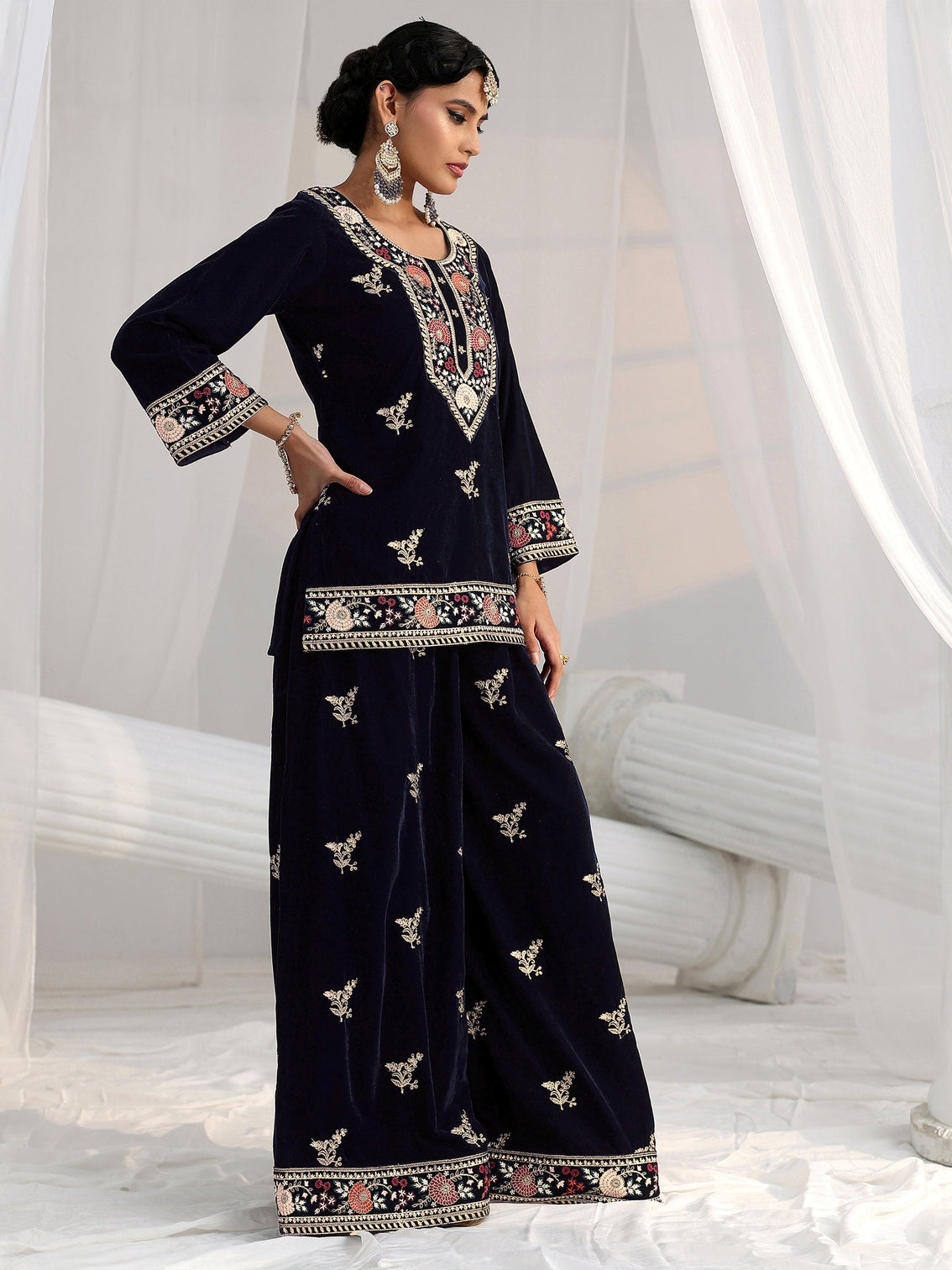Mameraa Navy Blue Yoke Embroidered Design Velvet Co-Ord Set