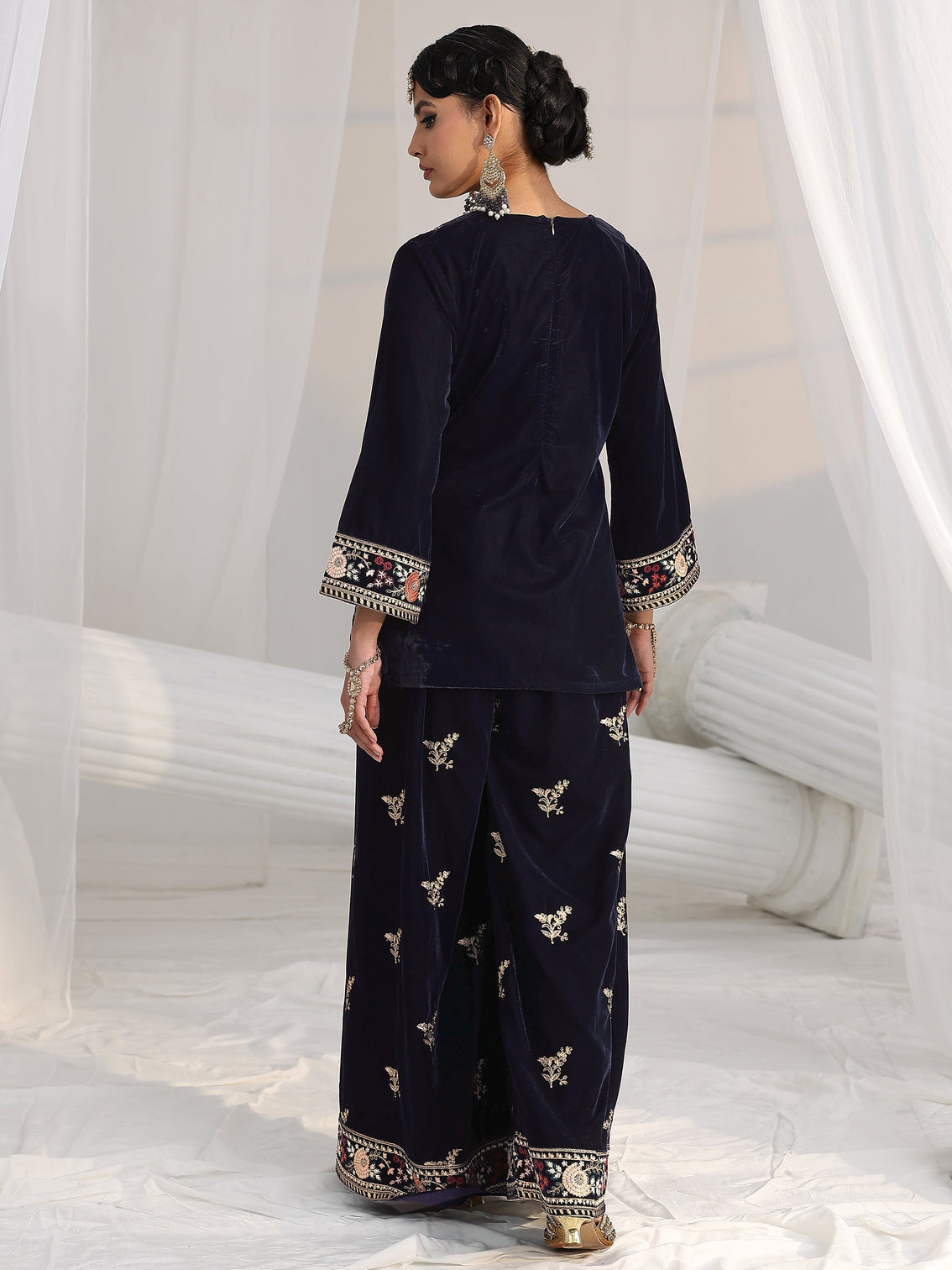 Mameraa Navy Blue Yoke Embroidered Design Velvet Co-Ord Set