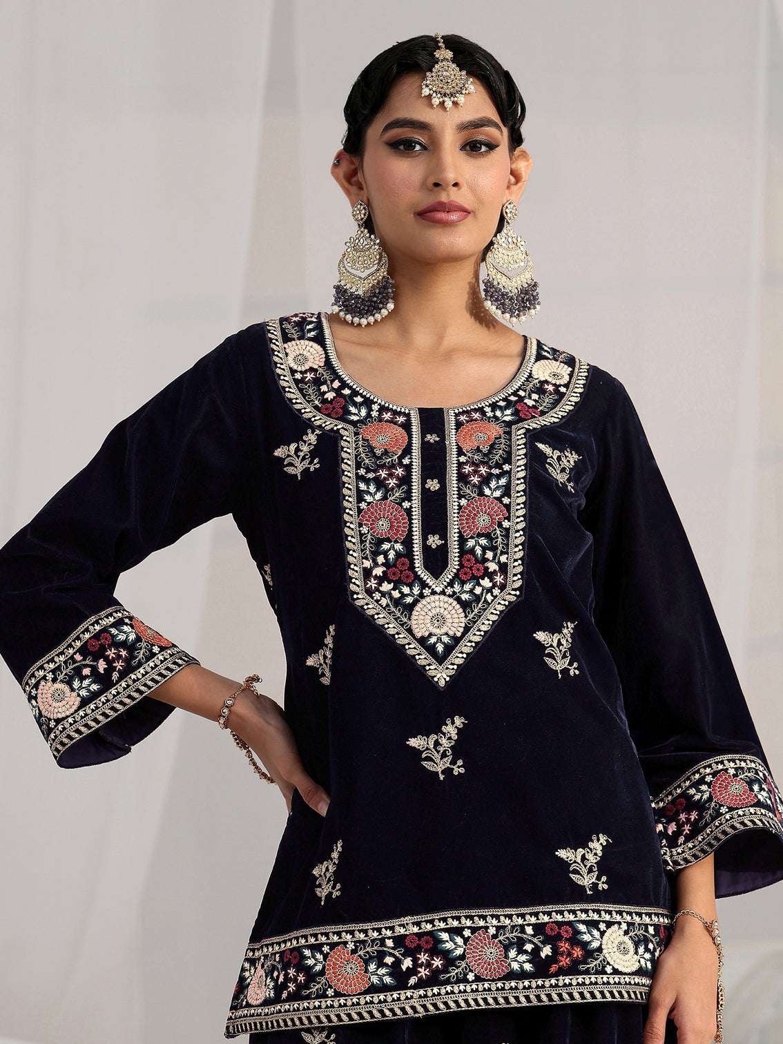 Mameraa Navy Blue Yoke Embroidered Design Velvet Co-Ord Set