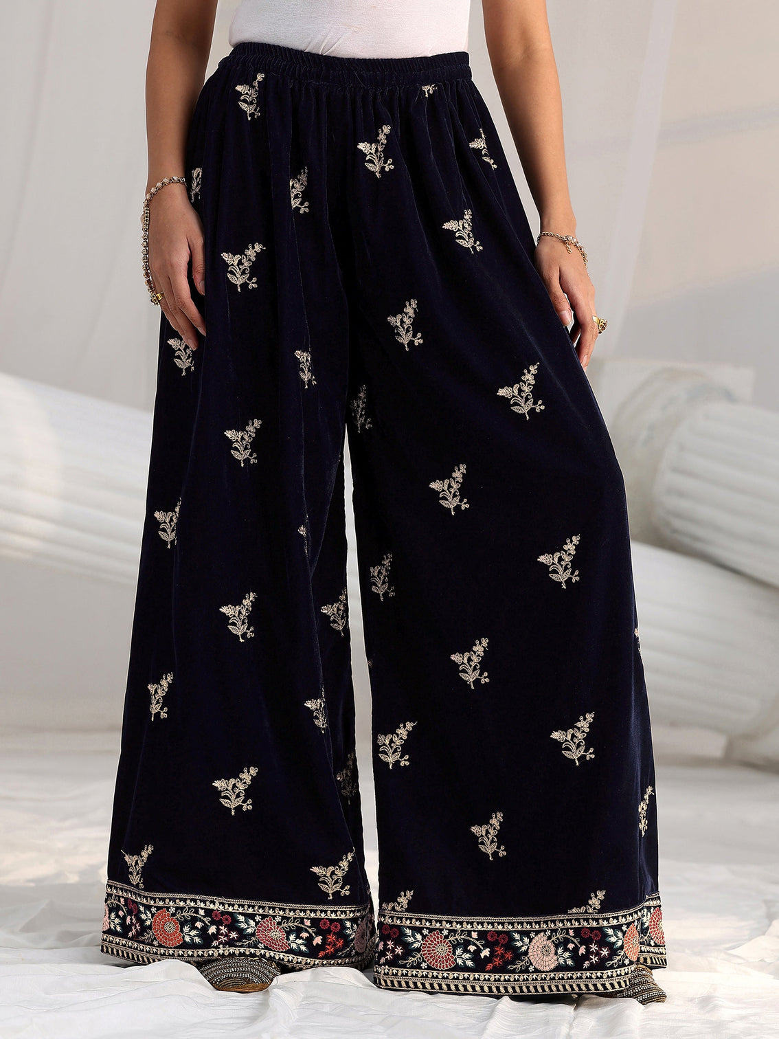 Mameraa Navy Blue Yoke Embroidered Design Velvet Co-Ord Set
