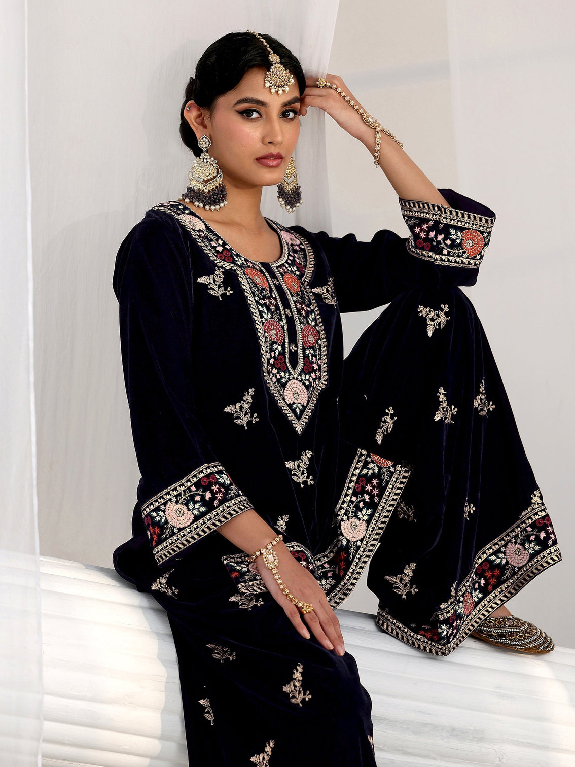 Mameraa Navy Blue Yoke Embroidered Design Velvet Co-Ord Set