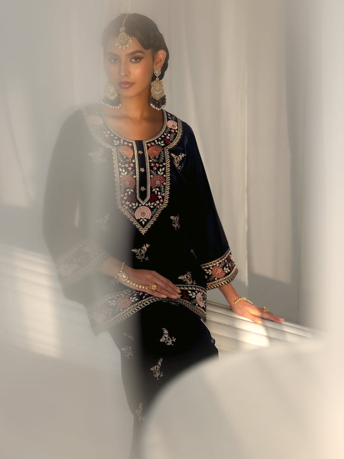 Mameraa Navy Blue Yoke Embroidered Design Velvet Co-Ord Set