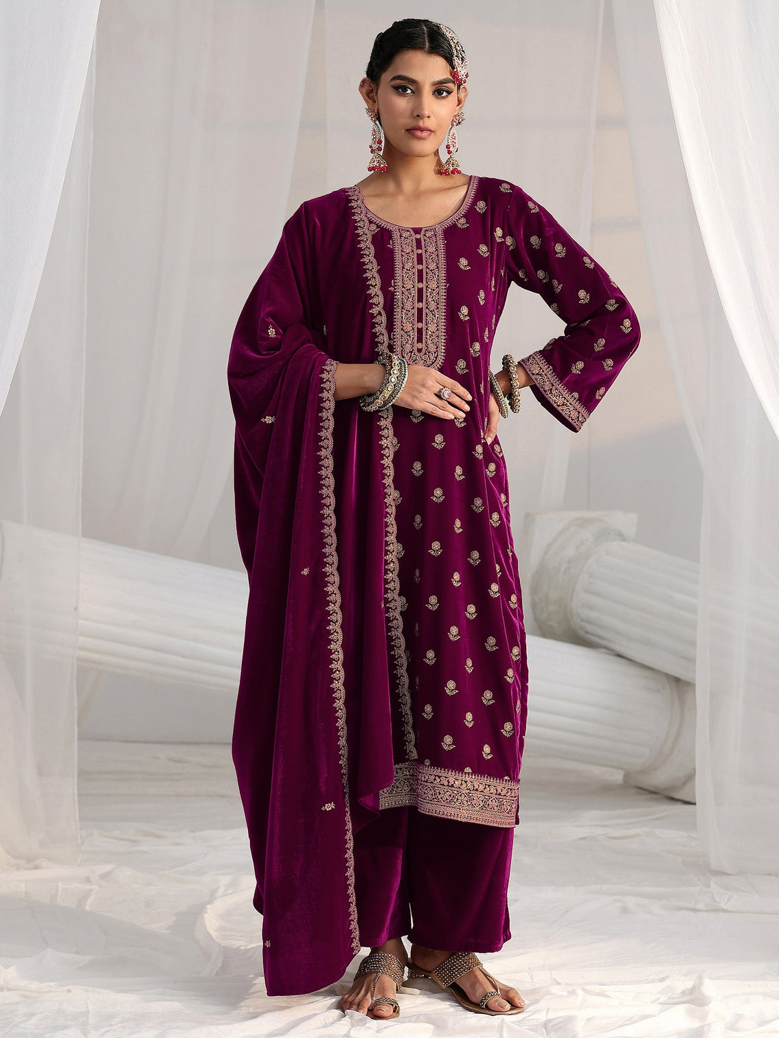 Mameraa Magenta Floral Embroidered Velvet Straight Suit Set