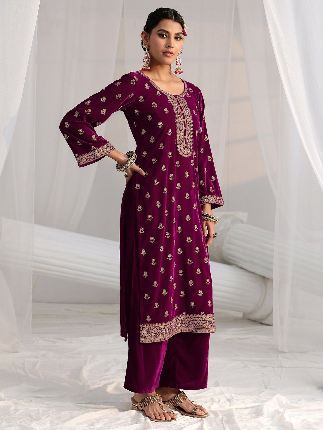 Mameraa Magenta Floral Embroidered Velvet Straight Suit Set