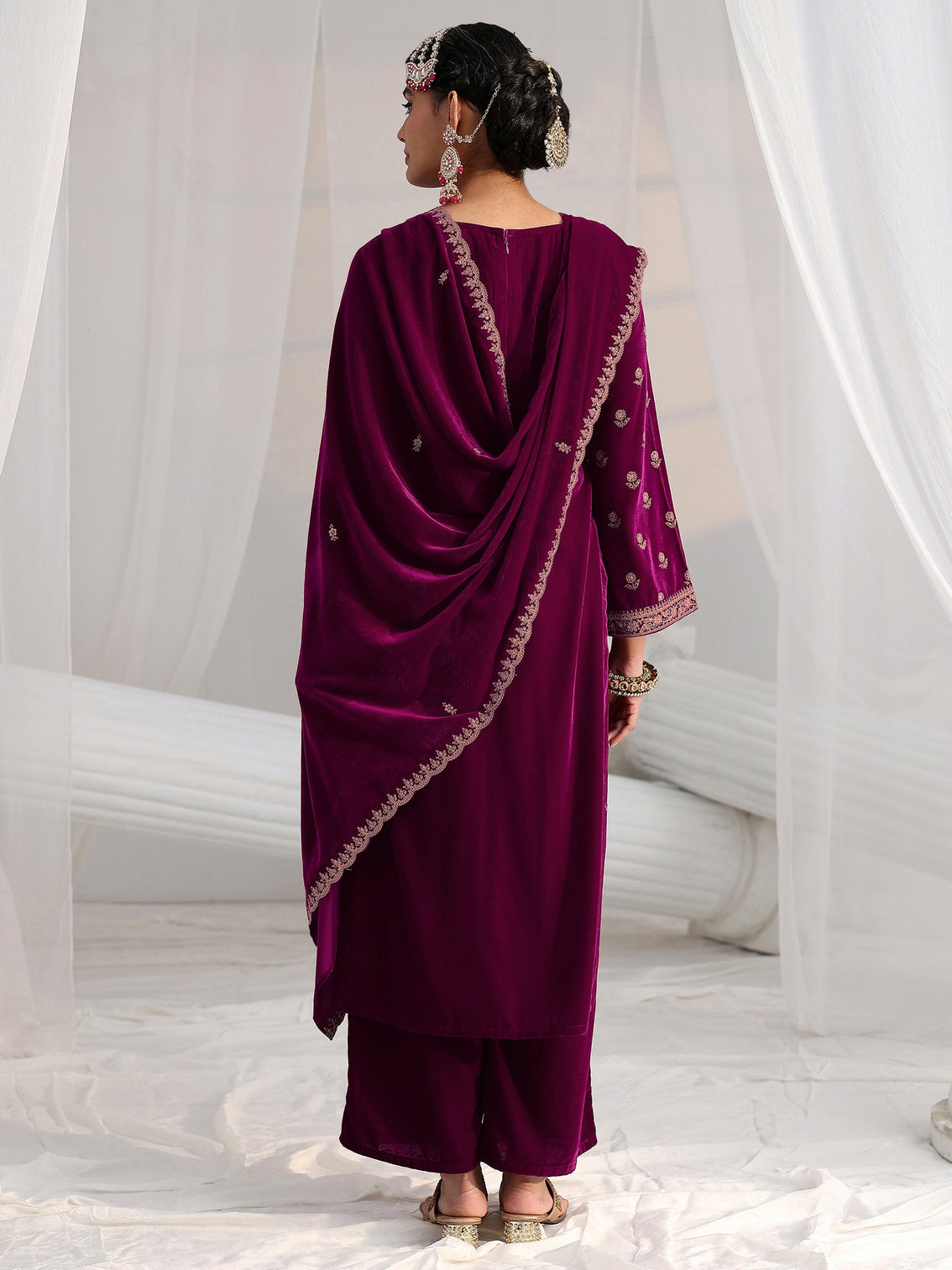 Mameraa Magenta Floral Embroidered Velvet Straight Suit Set