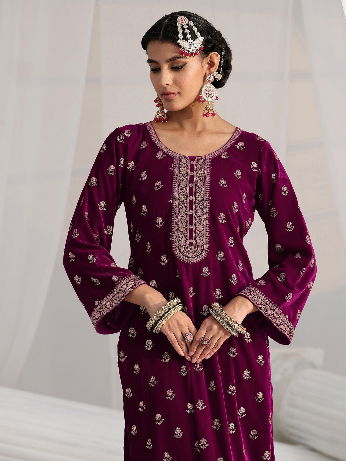 Mameraa Magenta Floral Embroidered Velvet Straight Suit Set