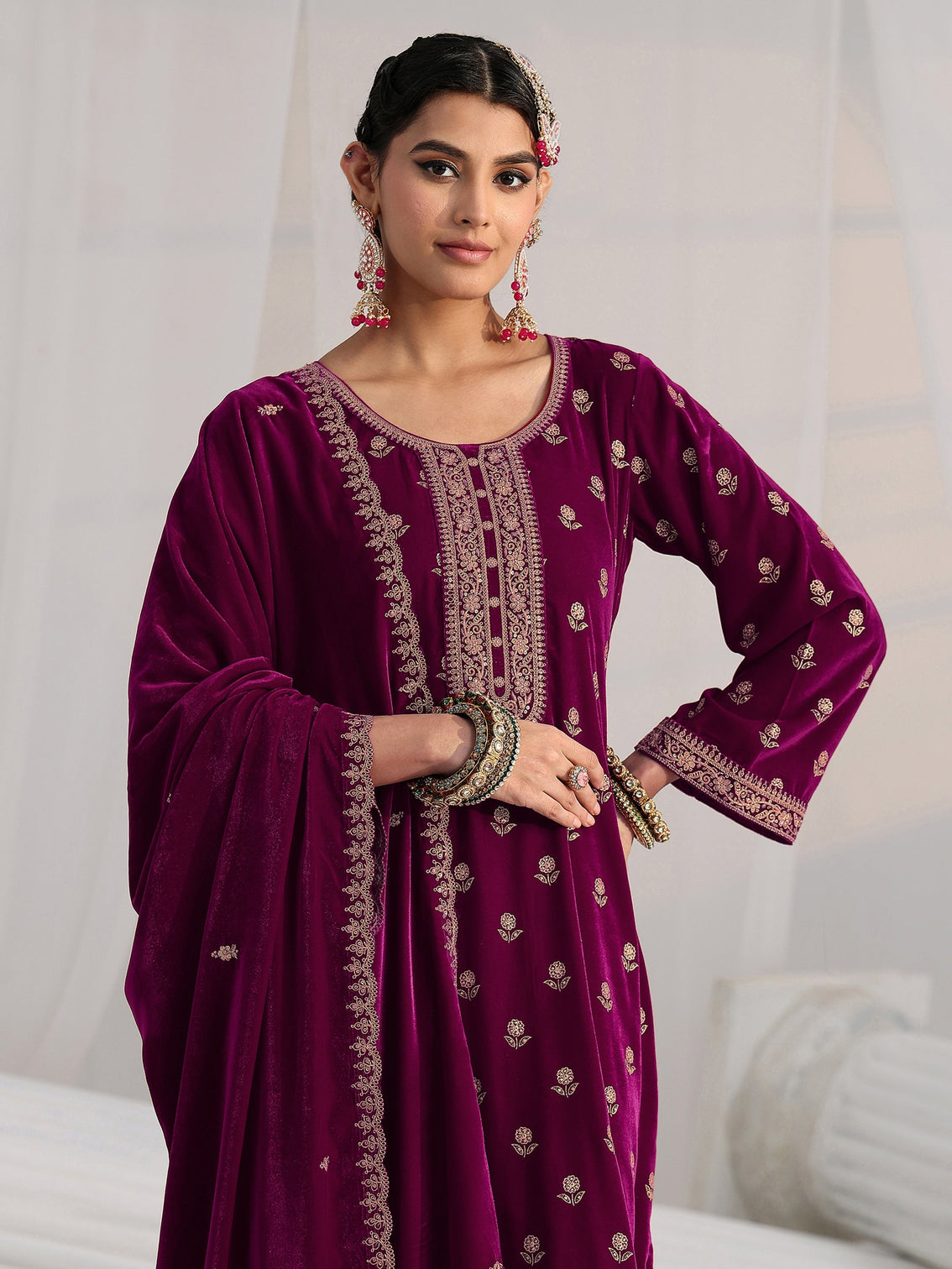 Mameraa Magenta Floral Embroidered Velvet Straight Suit Set