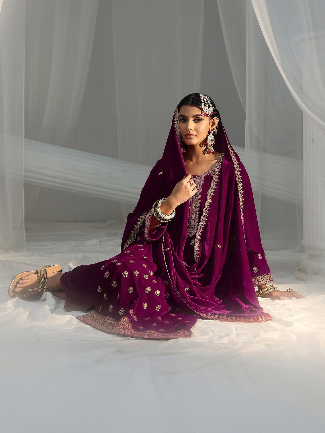Mameraa Magenta Floral Embroidered Velvet Straight Suit Set