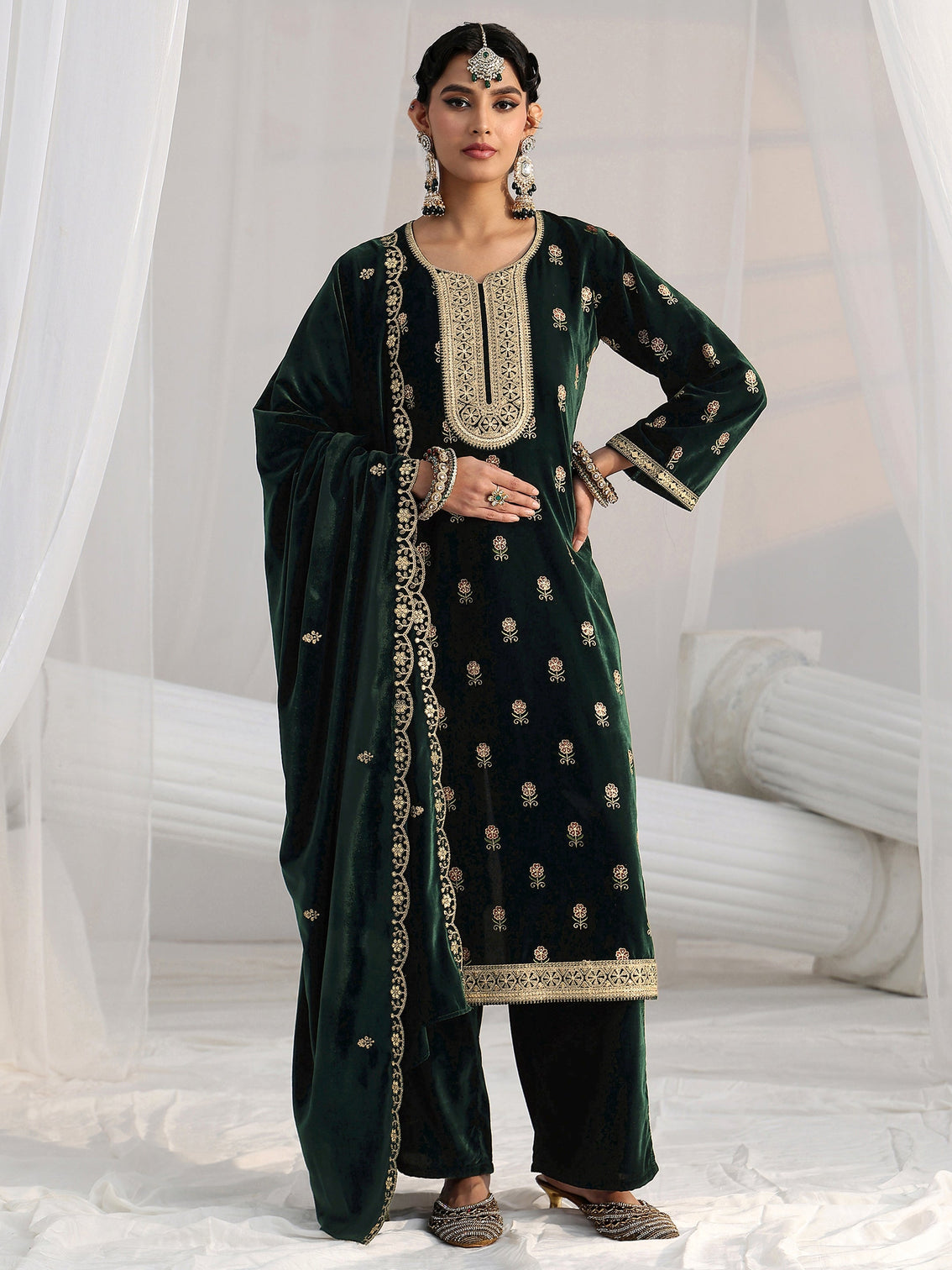 Mameraa Dark Teal Green Floral Embroidered Velvet Straight Suit Set