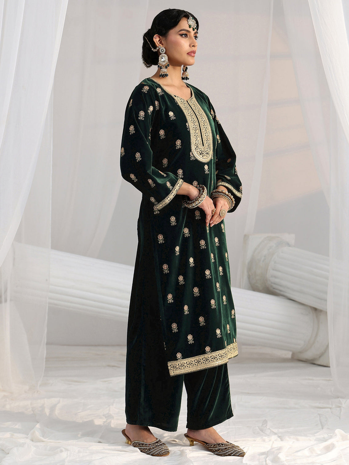 Mameraa Dark Teal Green Floral Embroidered Velvet Straight Suit Set