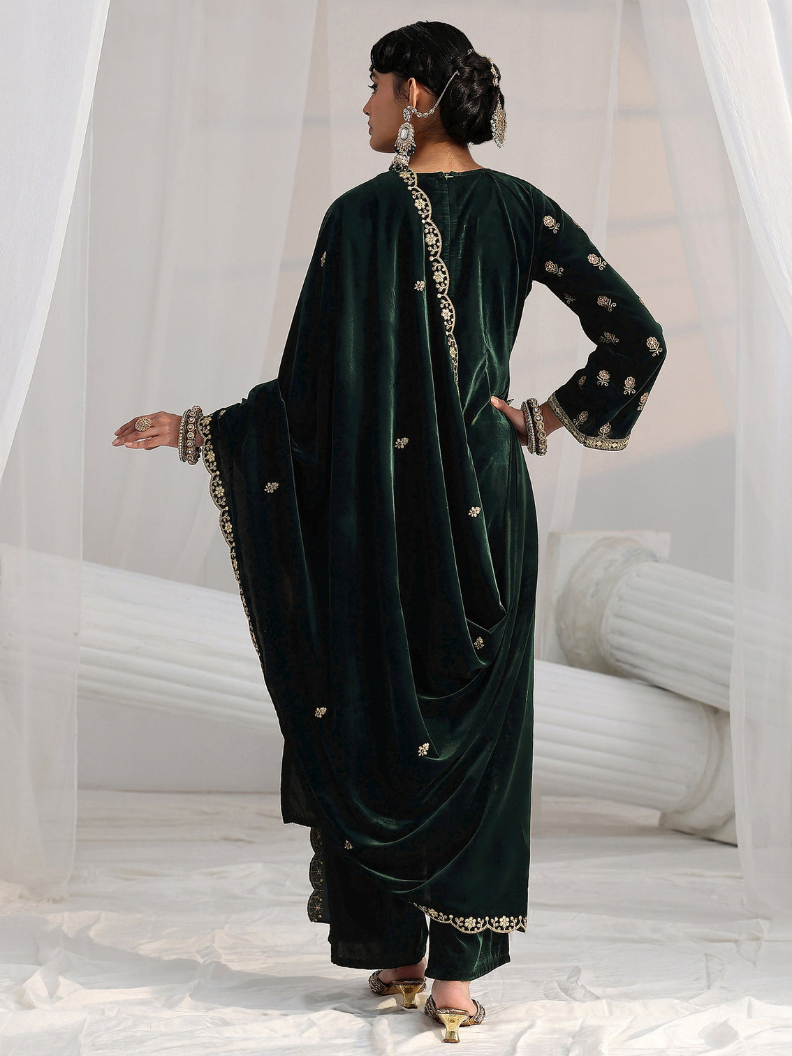 Mameraa Dark Teal Green Floral Embroidered Velvet Straight Suit Set