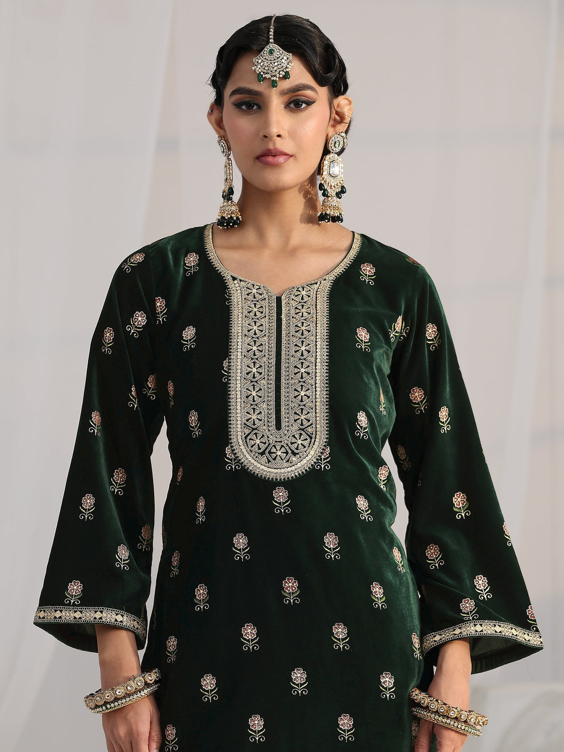 Mameraa Dark Teal Green Floral Embroidered Velvet Straight Suit Set