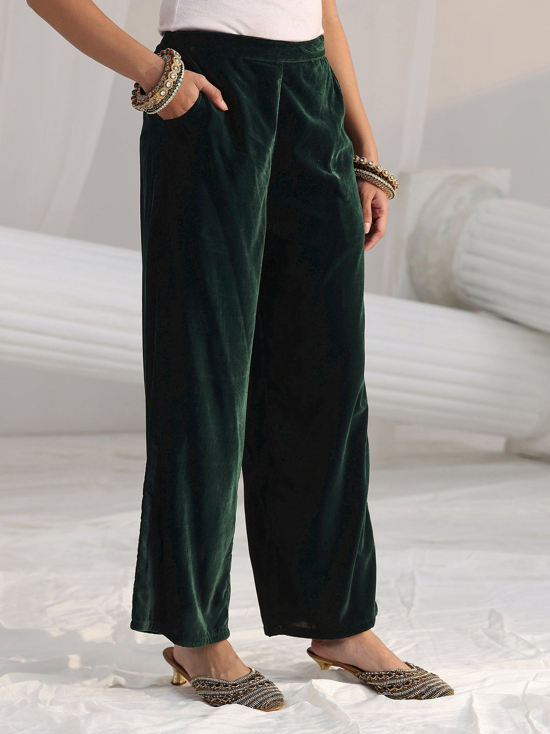 Mameraa Dark Teal Green Floral Embroidered Velvet Straight Suit Set