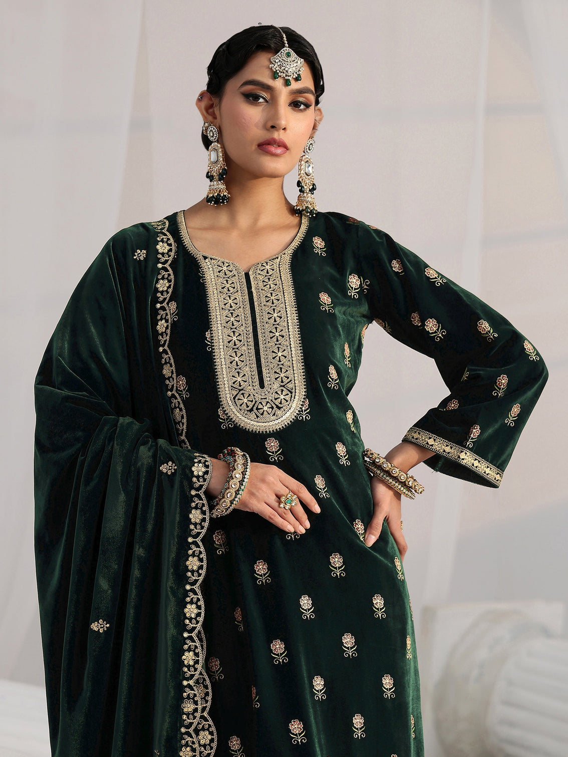 Mameraa Dark Teal Green Floral Embroidered Velvet Straight Suit Set