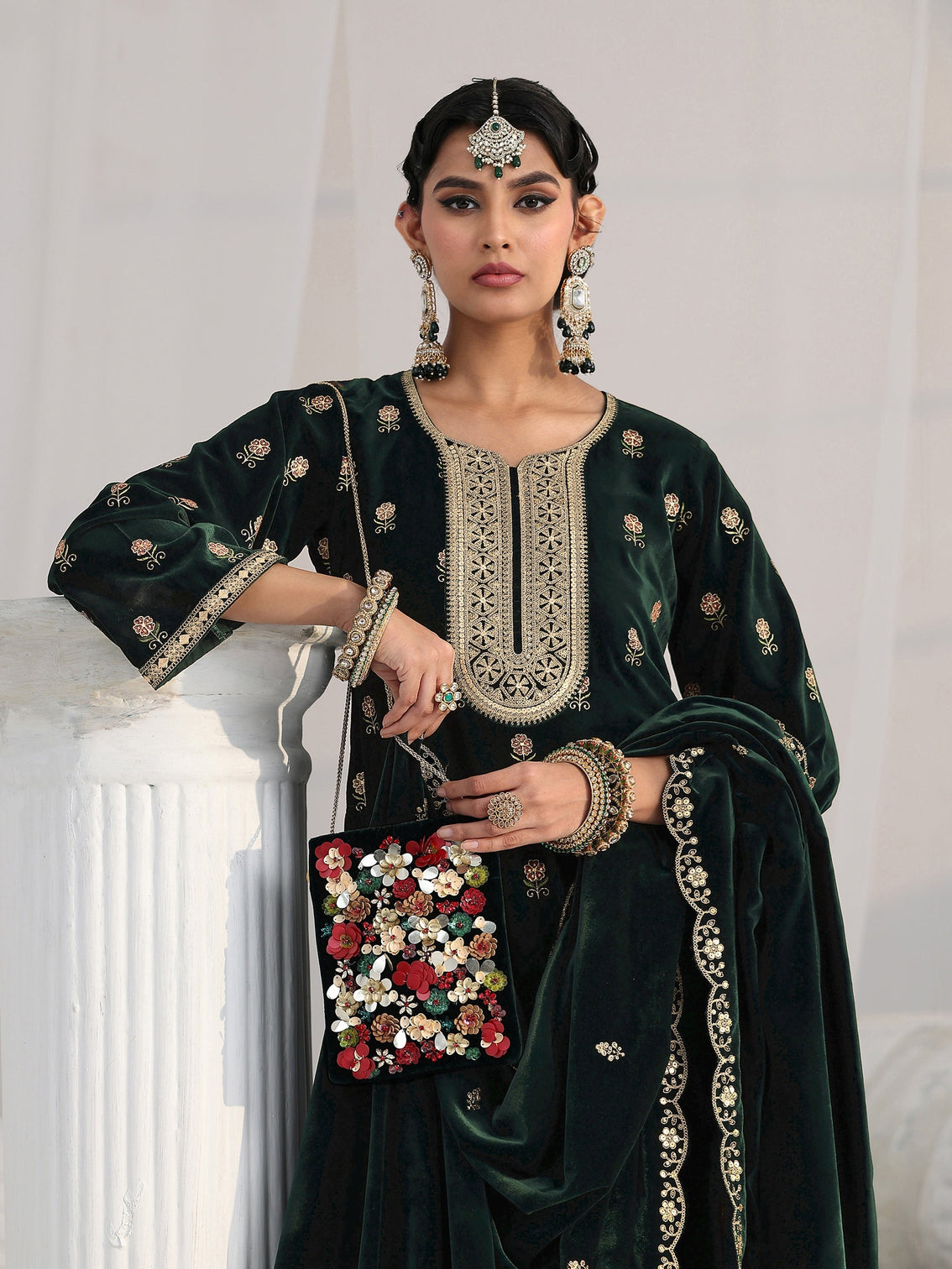 Mameraa Dark Teal Green Floral Embroidered Velvet Straight Suit Set