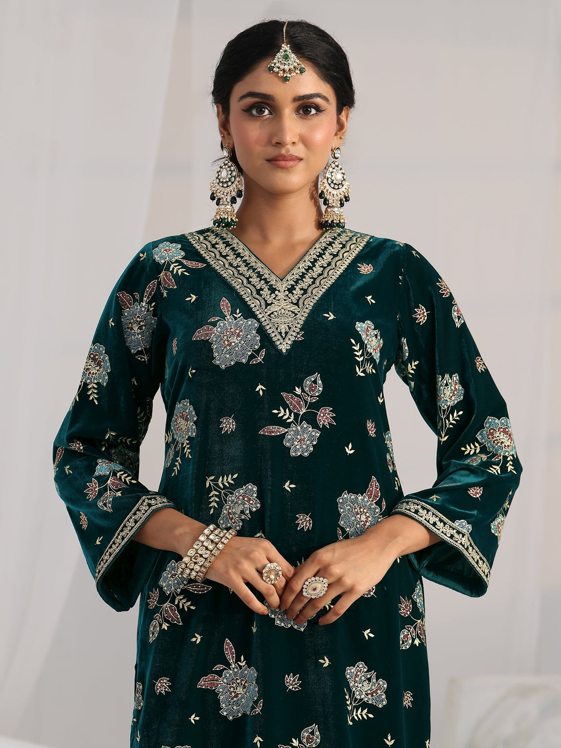 Mameraa Peacock Green Floral Embroidered Velvet Straight Suit Set