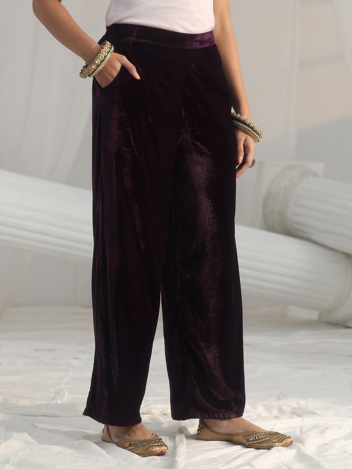 Mameraa Plum Puprle Floral Embroidered Velvet Straight Suit Set