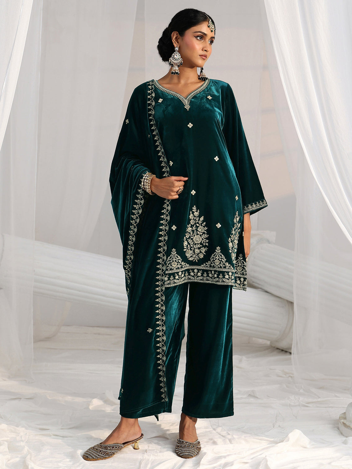 Mameraa Teal Green Floral Embroidered Velvet Straight Suit Set