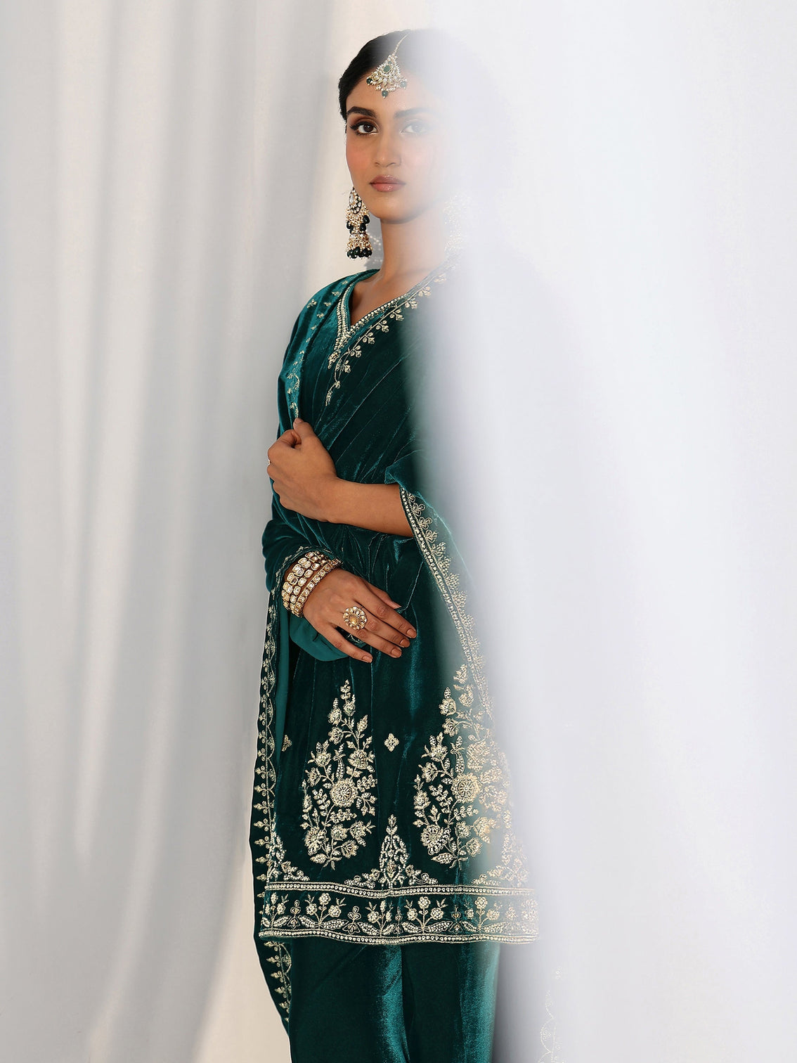 Mameraa Teal Green Floral Embroidered Velvet Straight Suit Set