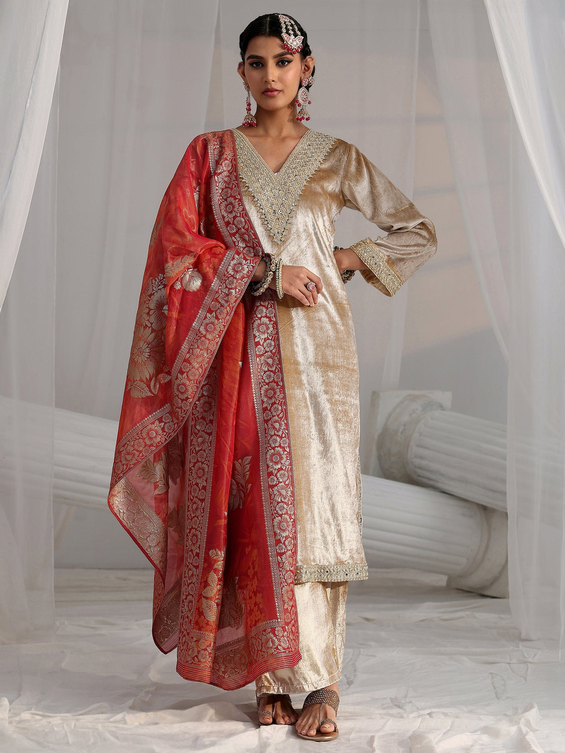 Mameraa Cream Embroidered Velvet Straight Suit Set