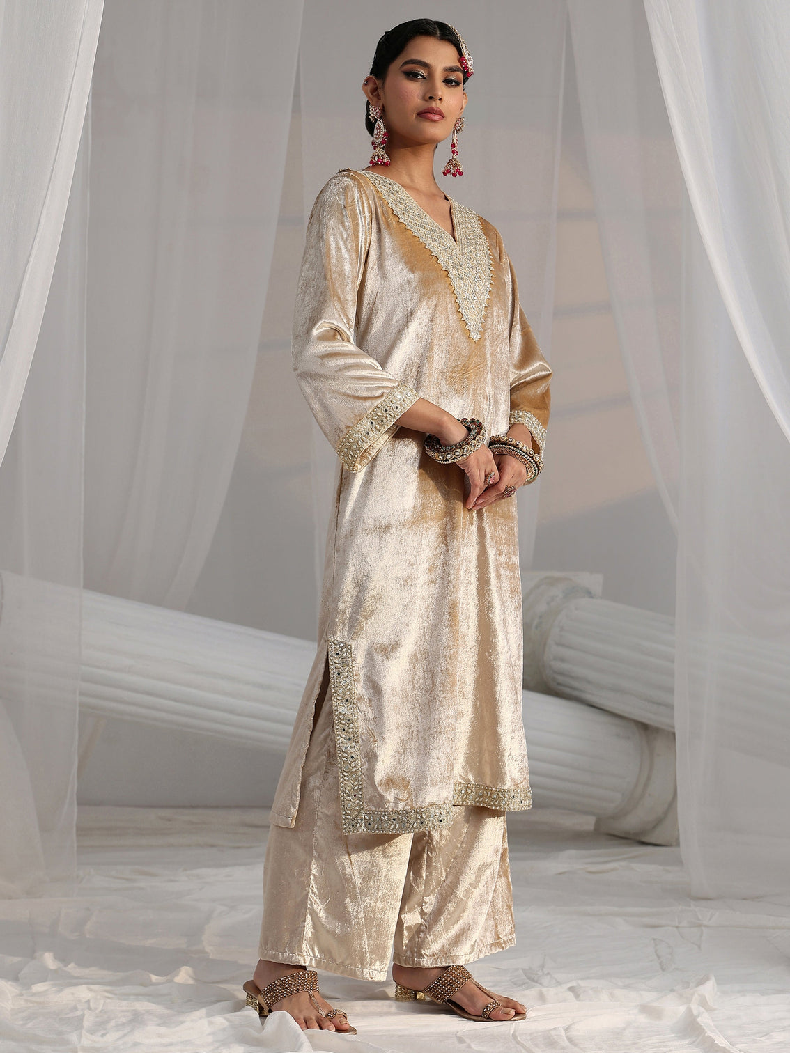 Mameraa Cream Embroidered Velvet Straight Suit Set