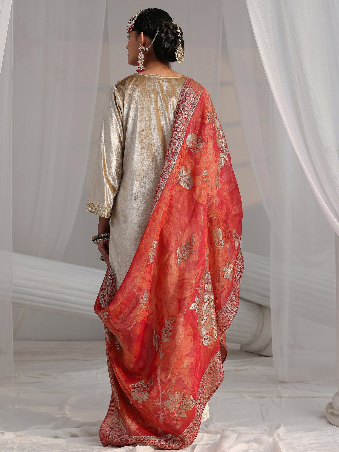 Mameraa Cream Embroidered Velvet Straight Suit Set