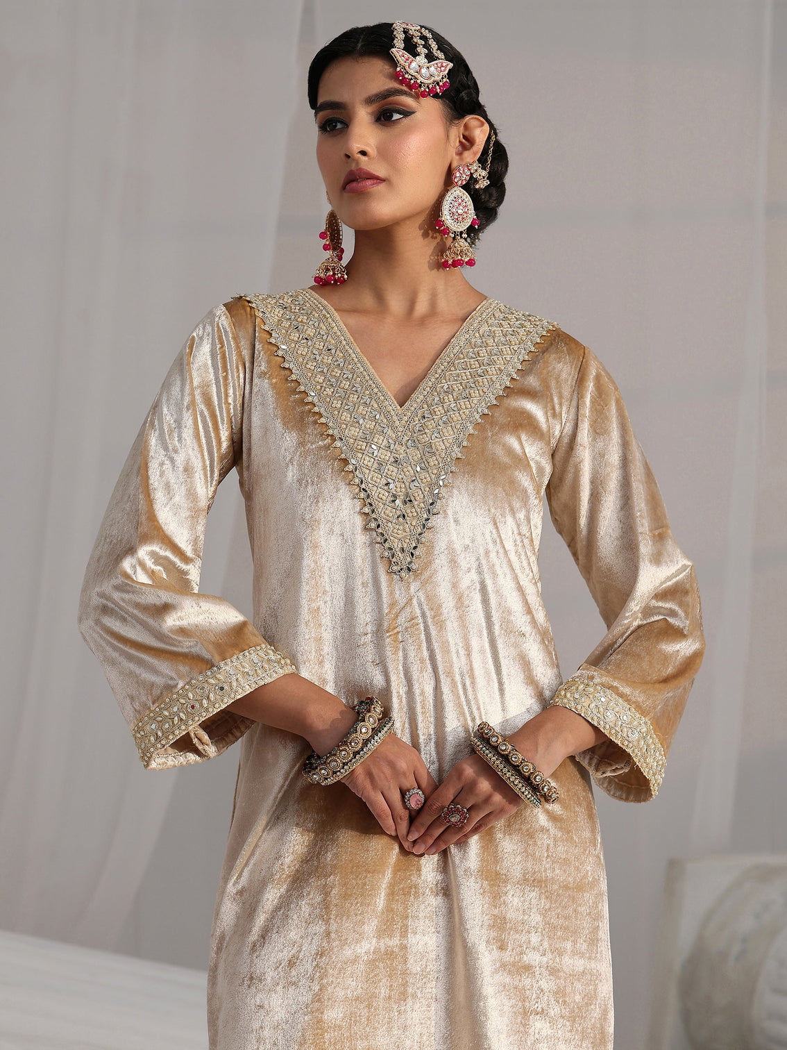Mameraa Cream Embroidered Velvet Straight Suit Set