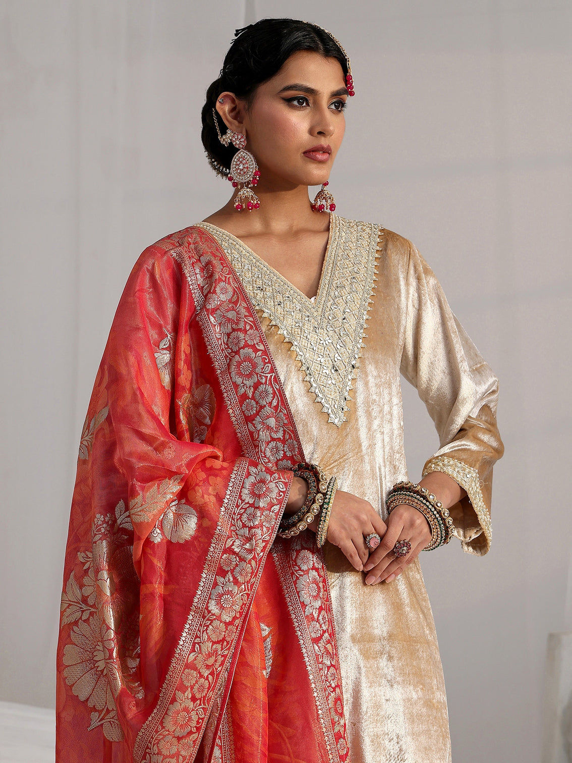 Mameraa Cream Embroidered Velvet Straight Suit Set